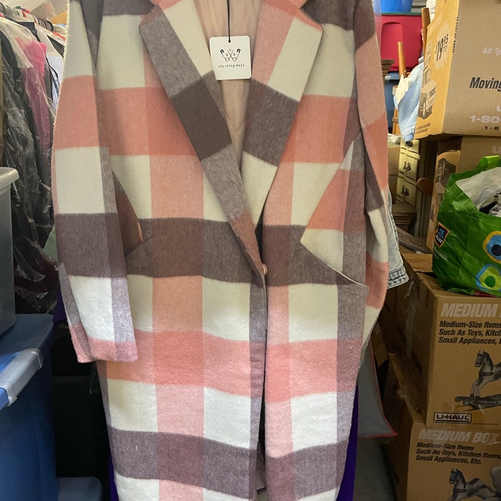Stylish Plaid Teddy Jacket in Pink and White purple plaid fully lined 2pockets